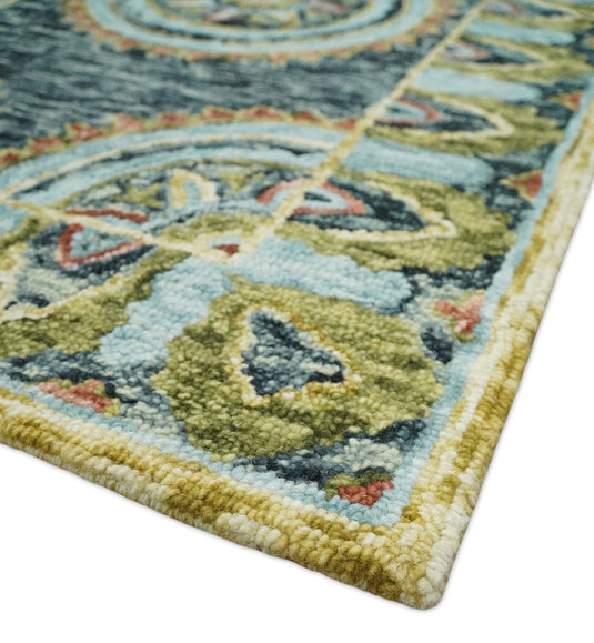 Blue, Rust and Moss Green Persian Style Antique Oriental Wool Hand Tufted Area Rug | MA15