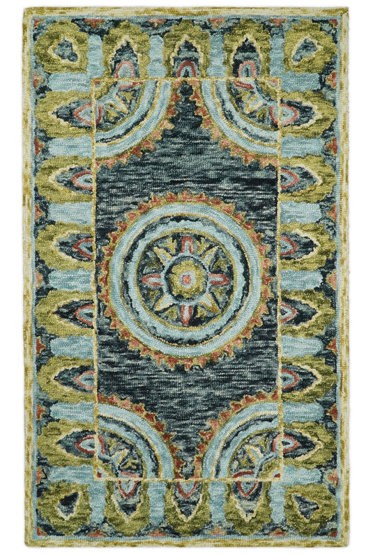 Blue, Rust and Moss Green Persian Style Antique Oriental Wool Hand Tufted Area Rug | MA15