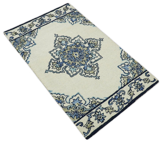 Blue and Beige Persian Style Antique Mid Century Modern Wool Hand Tufted Area Rug, hallway, kids, bedside and kitchen rug | MA16