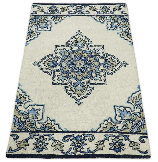 Blue and Beige Persian Style Antique Mid Century Modern Wool Hand Tufted Area Rug, hallway, kids, bedside and kitchen rug | MA16