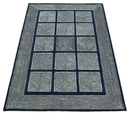 Hand Tufted 5X8 Blue and White Modern Geometric Wool Loop Area Rug, Kids, Living Room, Bedroom and Dinning Rug | MA26