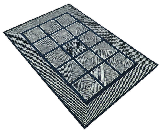 Hand Tufted 5X8 Blue and White Modern Geometric Wool Loop Area Rug, Kids, Living Room, Bedroom and Dinning Rug | MA26