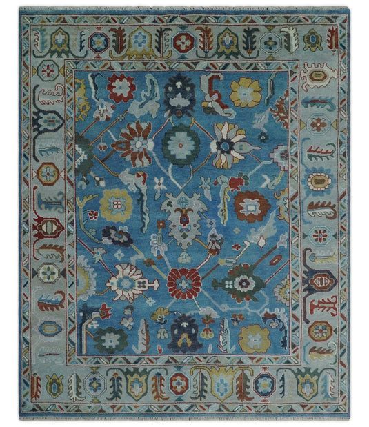 Traditional Hand knotted Oushak 8x10 Wool Persian Blue , Silver and Red Vibrant Colorful Area Rug | CP829810