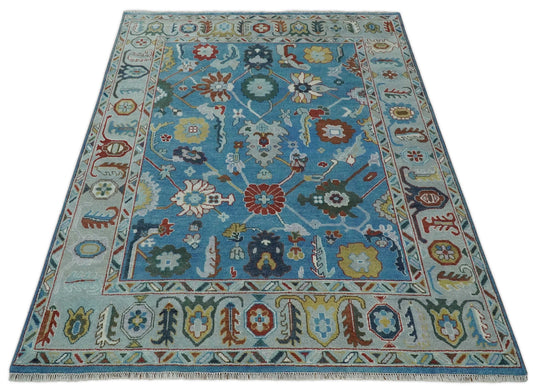 Traditional Hand knotted Oushak 8x10 Wool Persian Blue , Silver and Red Vibrant Colorful Area Rug | CP829810