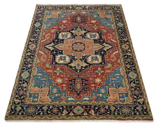 9x12 Traditional Vintage Hand Knotted Wool Rug Red Blue and Peach Antique Wool Rug, Living Room, Bedroom Rug | CP427912