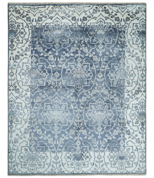 Traditional Hand knotted Abstract 8x10 Blue and Ivory Persian Wool and Bamboo Silk Area Rug | CP513810