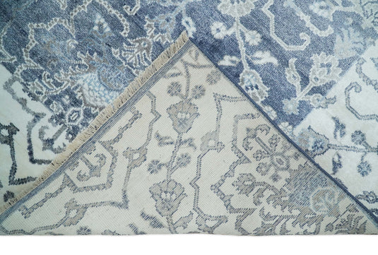 Traditional Hand knotted Abstract 8x10 Blue and Ivory Persian Wool and Bamboo Silk Area Rug | CP513810