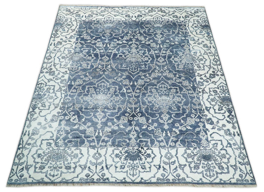 Traditional Hand knotted Abstract 8x10 Blue and Ivory Persian Wool and Bamboo Silk Area Rug | CP513810