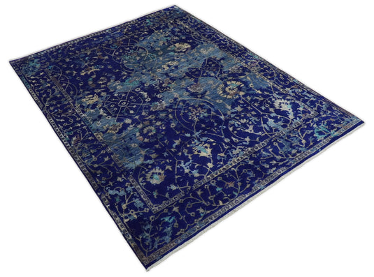 Large Abstract 8x10 Fine Hand Knotted Blue Traditional Persian style Bamboo Silk Rug, One of a Kind Living Room Rug | CP519810