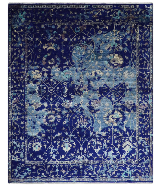 Large Abstract 8x10 Fine Hand Knotted Blue Traditional Persian style Bamboo Silk Rug, One of a Kind Living Room Rug | CP519810