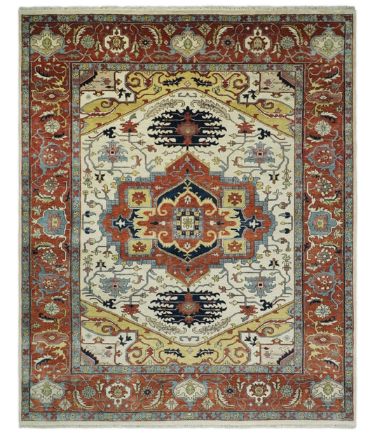 Large Antique 8x10 Vintage Traditional Red, White and Camel Blue Traditional Heriz Rug, Living Room, Bedroom | CP521810