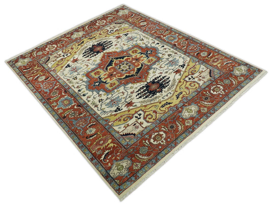 Large Antique 8x10 Vintage Traditional Red, White and Camel Blue Traditional Heriz Rug, Living Room, Bedroom | CP521810