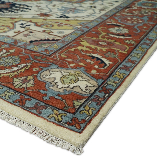 Large Antique 8x10 Vintage Traditional Red, White and Camel Blue Traditional Heriz Rug, Living Room, Bedroom | CP521810