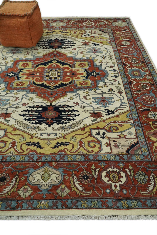 Large Antique 8x10 Vintage Traditional Red, White and Camel Blue Traditional Heriz Rug, Living Room, Bedroom | CP521810