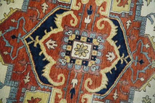 Large Antique 8x10 Vintage Traditional Red, White and Camel Blue Traditional Heriz Rug, Living Room, Bedroom | CP521810