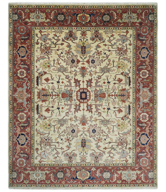 Large Antique 8x10 Vintage Traditional Beige and Rust Traditional Heriz Rug, Living Room, Bedroom | CP527810