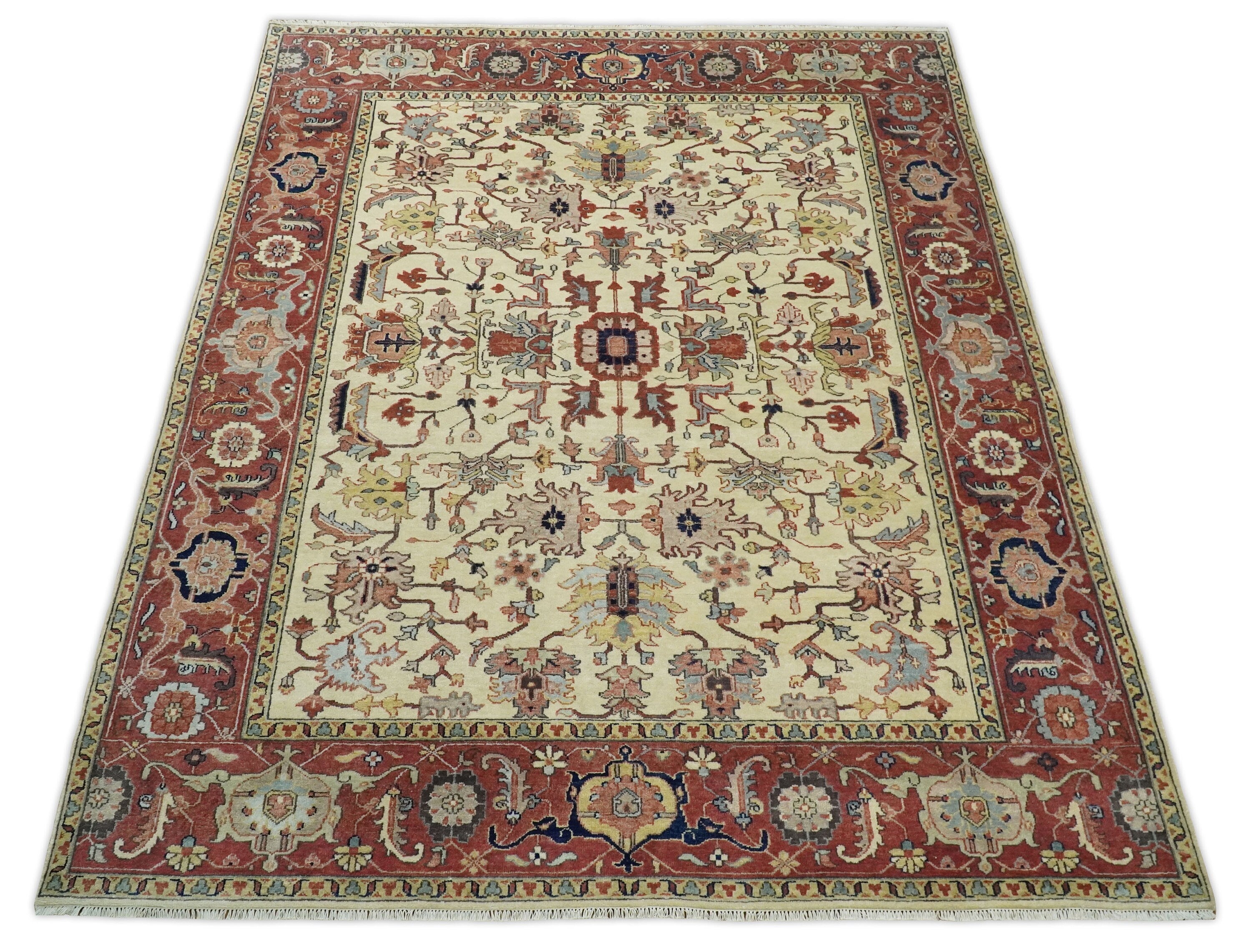 Large Rust Beige Rug Large Antique 8x10 Vintage Traditional Beige and Rust Traditional Heri