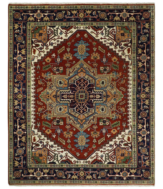 8x10 Rust and Blue Traditional Hand Knotted Heriz Serapi Rug, Living Room, Bedroom and Dinning Rug | CP582810