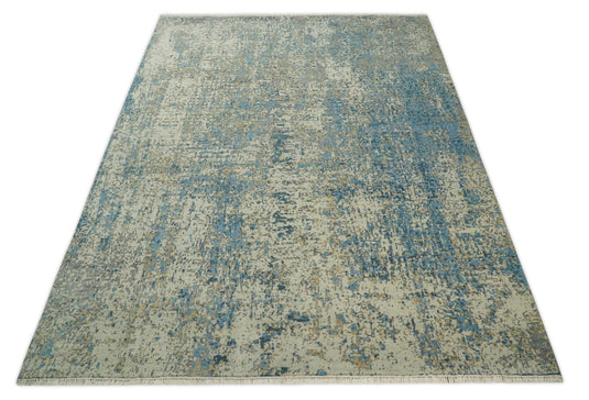 Beige and Blue Modern 9x12 Hand Knotted Large Bamboo Silk Area Rug | TRDCP675912