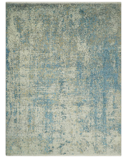 Beige and Blue Modern 9x12 Hand Knotted Large Bamboo Silk Area Rug | TRDCP675912