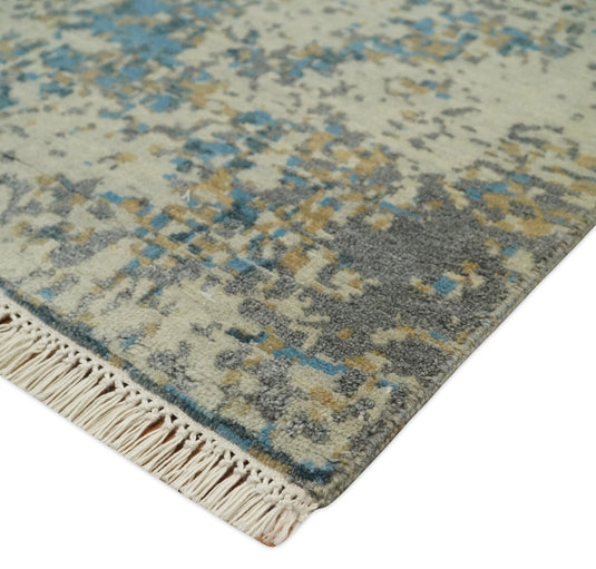 Beige and Blue Modern 9x12 Hand Knotted Large Bamboo Silk Area Rug | TRDCP675912