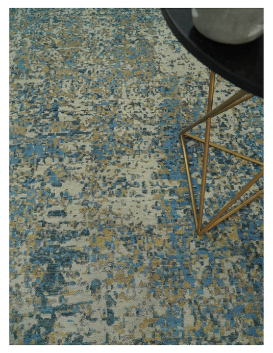 Beige and Blue Modern 9x12 Hand Knotted Large Bamboo Silk Area Rug | TRDCP675912