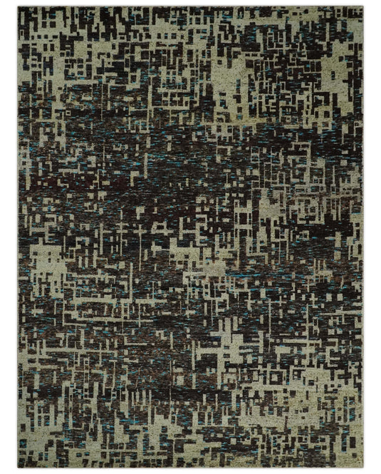 Hand Knotted Modern Abstract Contemporary Recycled Silk Area Rug, Beige and Brown, 9x12| OP36