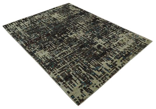 Hand Knotted Modern Abstract Contemporary Recycled Silk Area Rug, Beige and Brown, 9x12| OP36