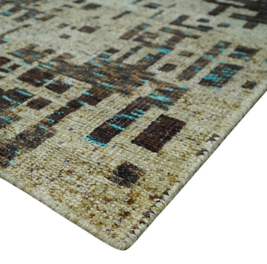 Hand Knotted Modern Abstract Contemporary Recycled Silk Area Rug, Beige and Brown, 9x12| OP36