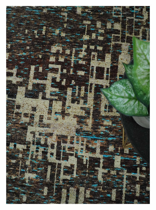 Hand Knotted Modern Abstract Contemporary Recycled Silk Area Rug, Beige and Brown, 9x12| OP36