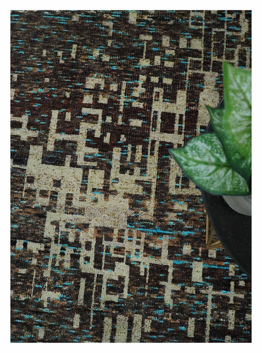 Hand Knotted Modern Abstract Contemporary Recycled Silk Area Rug, Beige and Brown, 9x12| OP36