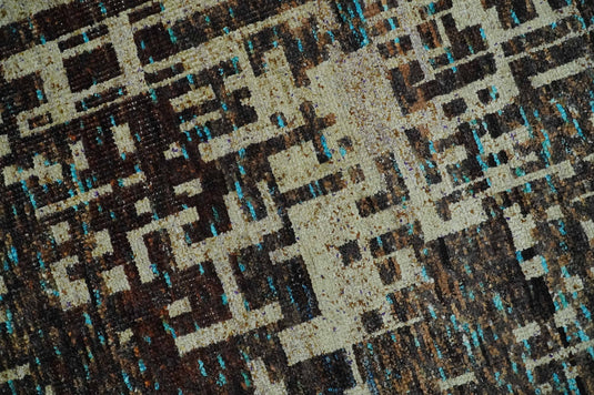 Hand Knotted Modern Abstract Contemporary Recycled Silk Area Rug, Beige and Brown, 9x12| OP36