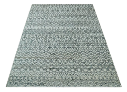 Hand Knotted Modern Contemporary Southwestern Tribal Trellis Recycled Silk Area Rug, 8X10 , Ivory and Blue | OP37810