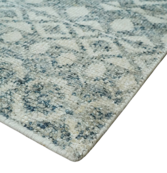 Hand Knotted Modern Contemporary Southwestern Tribal Trellis Recycled Silk Area Rug, 8X10 , Ivory and Blue | OP37810