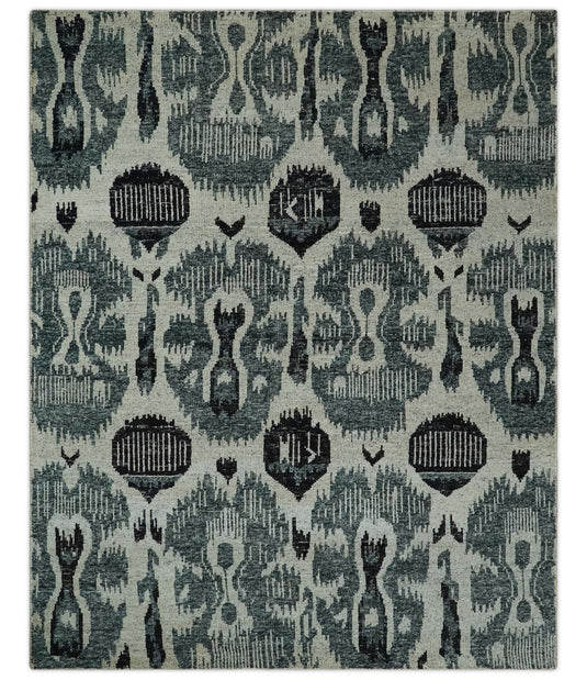 Hand Knotted Persian Style Contemporary Recycled Silk Area Rug, Ivory, Teal and Black Antique, 8x10  | OP39810