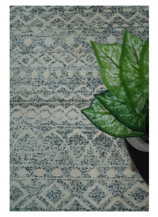 Hand Knotted Modern Contemporary Southwestern Tribal Trellis Recycled Silk Area Rug, Ivory, Gray and Blue, 8x10 |OP40810