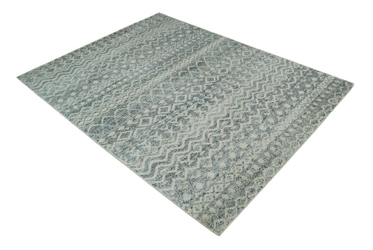 Hand Knotted Modern Contemporary Southwestern Tribal Trellis Recycled Silk Area Rug, Ivory, Gray and Blue, 8x10 |OP40810