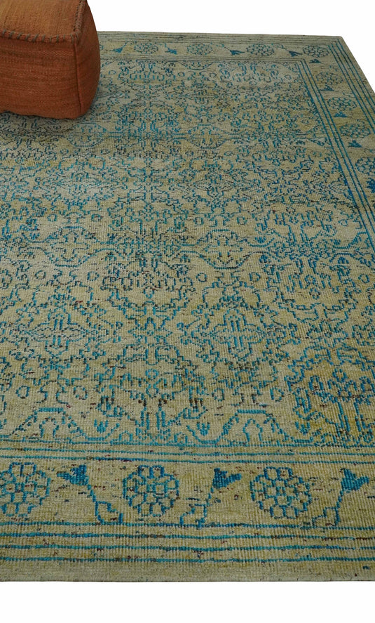 Antique Hand Knotted Persian made of Recycled Silk Area Rug, Camel and Blue , 8x10  | OP42810