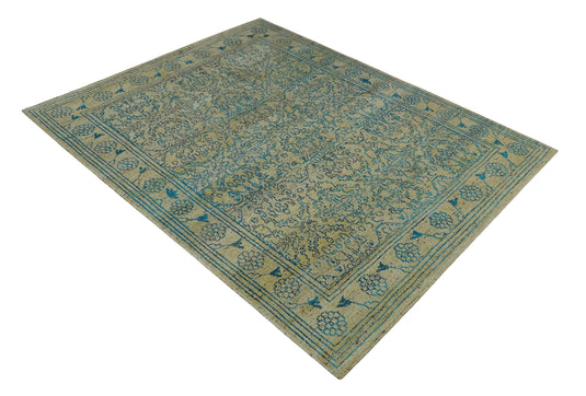 Antique Hand Knotted Persian made of Recycled Silk Area Rug, Camel and Blue , 8x10  | OP42810