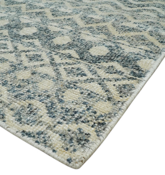 Hand Knotted Modern Contemporary Southwestern Tribal Trellis Recycled Silk Area Rug, Beige, Gray and Blue, 8x10  | OP44810