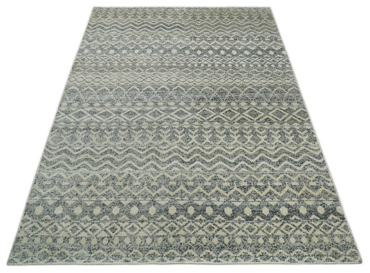 Hand Knotted Modern Contemporary Southwestern Tribal Trellis Recycled Silk Area Rug, Beige, Gray and Blue, 8x10  | OP44810