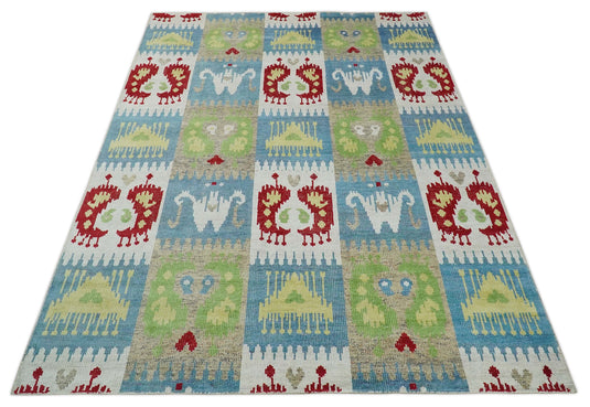 Hand Knotted Modern Tribal Style Contemporary Recycled Silk Area Rug, Multicolored, 7.6X9.4 | OP45