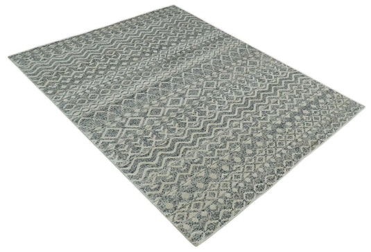 Hand Knotted Modern Contemporary Southwestern Tribal Trellis Recycled Silk Area Rug, Ivory and Gray, 8x10  | OP47810