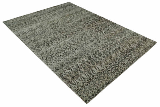 Hand Knotted Modern Contemporary Southwestern Tribal Trellis Recycled Silk Area Rug, Ivory, Black and Olive, 10x14 | OP501014