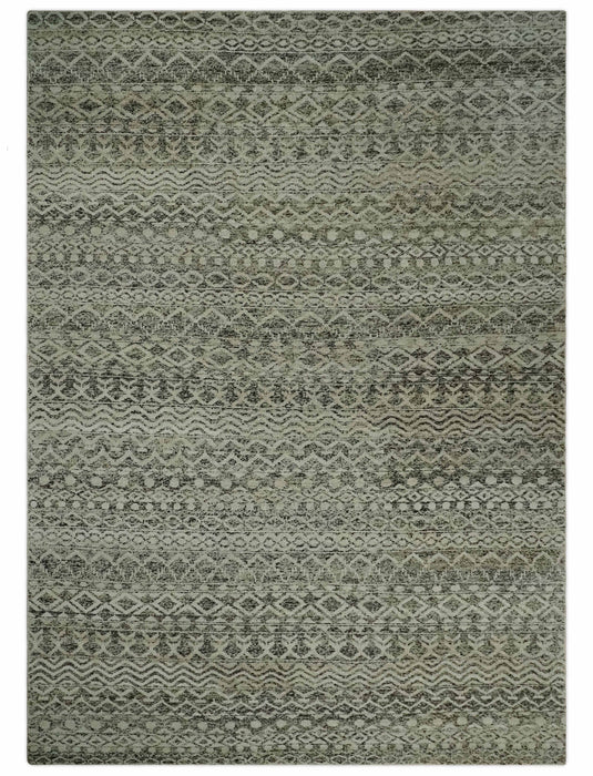 Hand Knotted Modern Contemporary Southwestern Tribal Trellis Recycled Silk Area Rug, Ivory, Black and Olive, 10x14 | OP501014