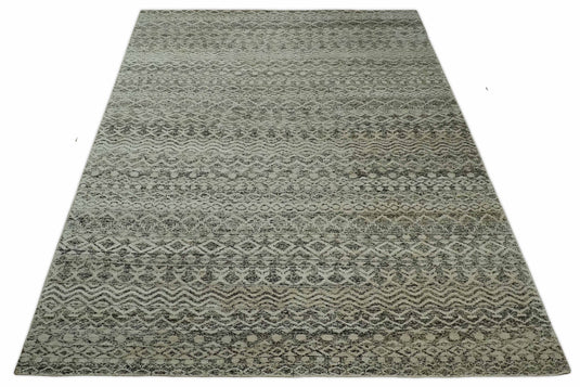 Hand Knotted Modern Contemporary Southwestern Tribal Trellis Recycled Silk Area Rug, Ivory, Black and Olive, 10x14 | OP501014