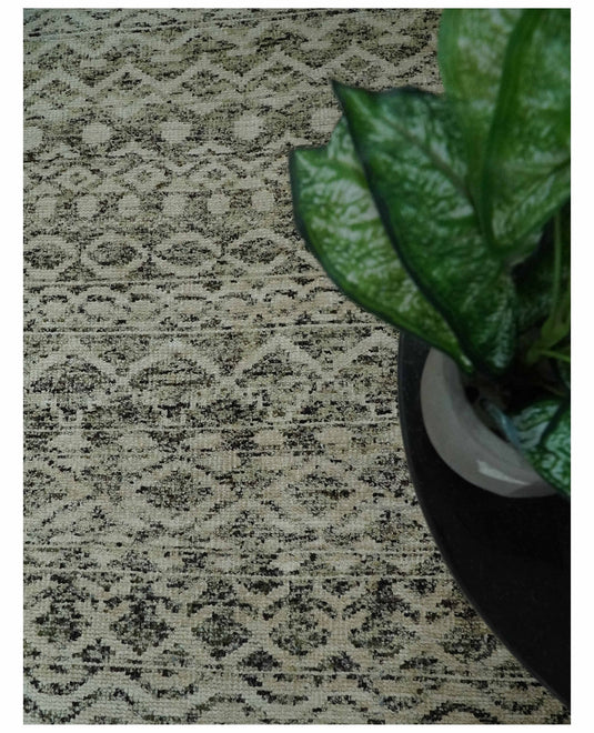 Hand Knotted Modern Contemporary Southwestern Tribal Trellis Recycled Silk Area Rug, Ivory, Black and Olive, 10x14 | OP501014