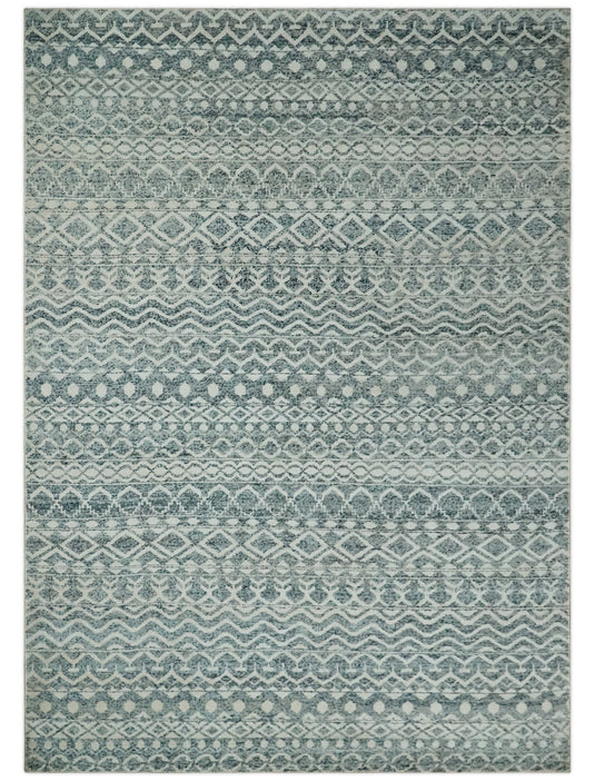 Hand Knotted Modern Contemporary Southwestern Tribal Trellis Recycled Silk Area Rug, Ivory and Teal Blue, 9X13 | OP51913
