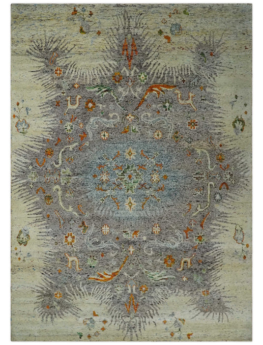 Hand Knotted antique Persian Style Contemporary Recycled Silk Area Rug, Blue, Silver and Beige , 10x14  | OP521014