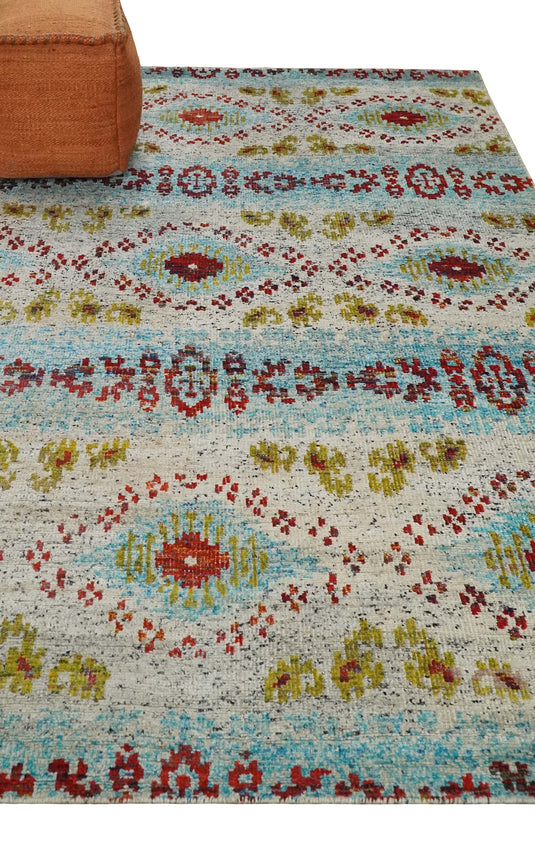 Hand Knotted Persian made of Recycled Silk Area Rug, Ivory, Red and Blue, 8X10 | OP53